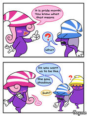 A two panel comic with very clean lineart and colours. The only shading are the ones concealing their eyes, and the only line weight being at the ends of lines. The artwork itself tries to reference the feel of the Paper Mario artstyle